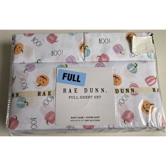 Rae Dunn Pumpkin Pastel Jack O Lantern BOO Halloween Full Size Sheet Set NEW